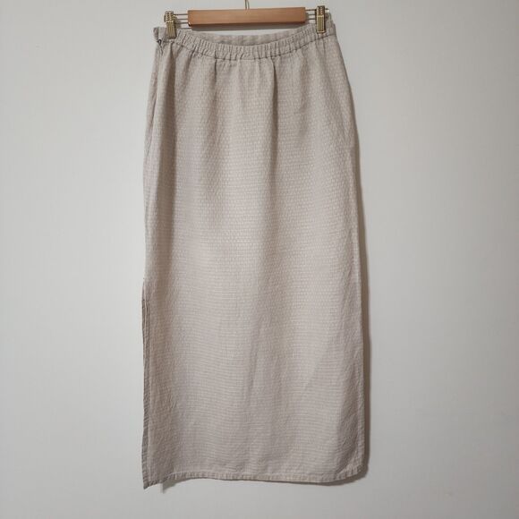 Eileen Fisher Womens 100% Linen Maxi Skirt Beige Side-Slit Unlined Size S - Picture 2 of 10